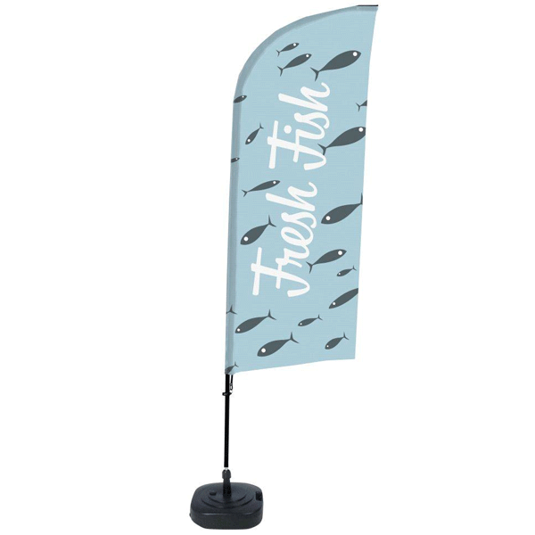 Beachflag med "Fresh Fish" design og fiskemønster