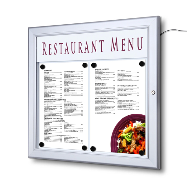 Udendørs LED menu opslagsskab med magnettavle 2xA4 Bred