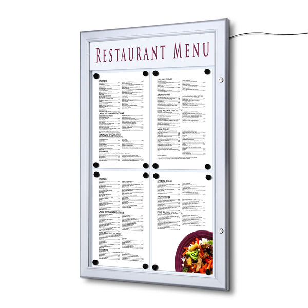 Udendørs LED menu opslagsskab med magnettavle 4xA4