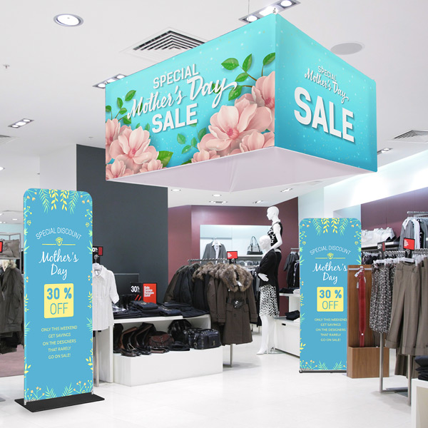 Mors Dag salg displays i butik, messeudstyr, messestande.