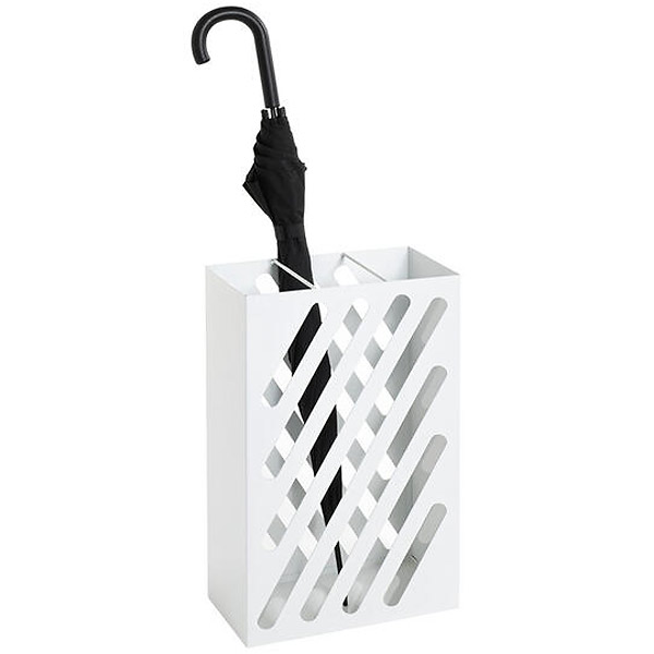 Hvidt paraplystativ med 3 rum og sort paraply i moderne design