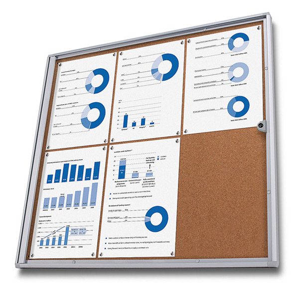Udhængsskab med opslag på korktavle, hvid baggrund og blå diagrammer