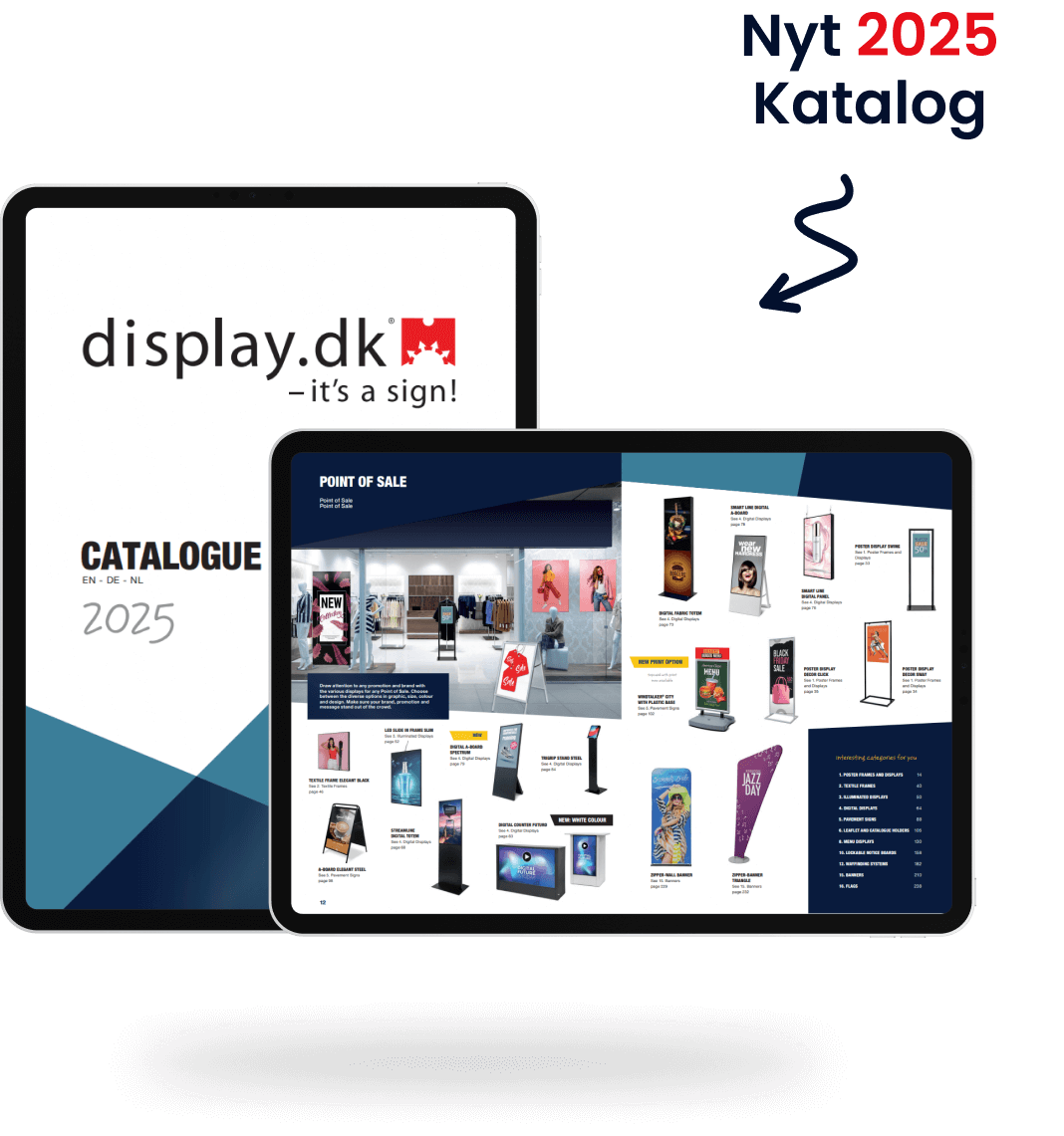 Billede af display.dk's 2025 katalog for displays og skiltning til salgssteder